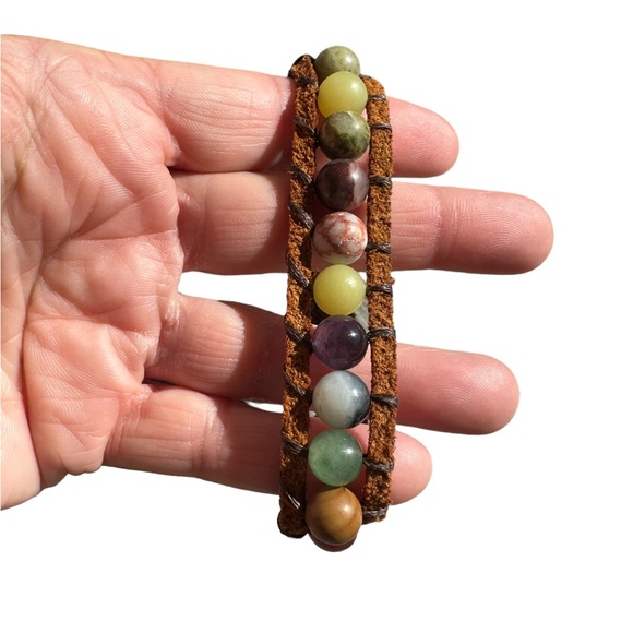 Colorful Glass Bead and Leather Boho Bracelet - Picture 4 of 5
